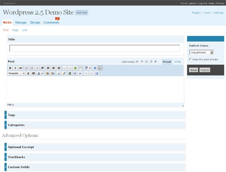 Wordpress 2.5 write post